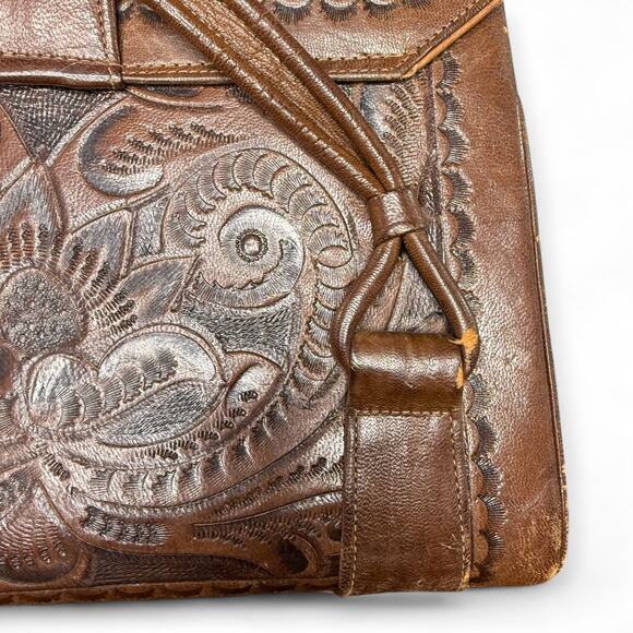 Vintage Tooled Leather‎ Satchel Purse Flores Bags Brown Boho Western Mexico - Picture 10 of 13